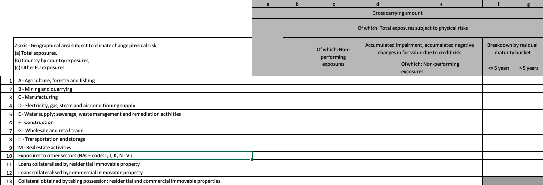 The EU CRFR2.1 template grid: exposures subject to physical risk by sector, without the hazard type columns