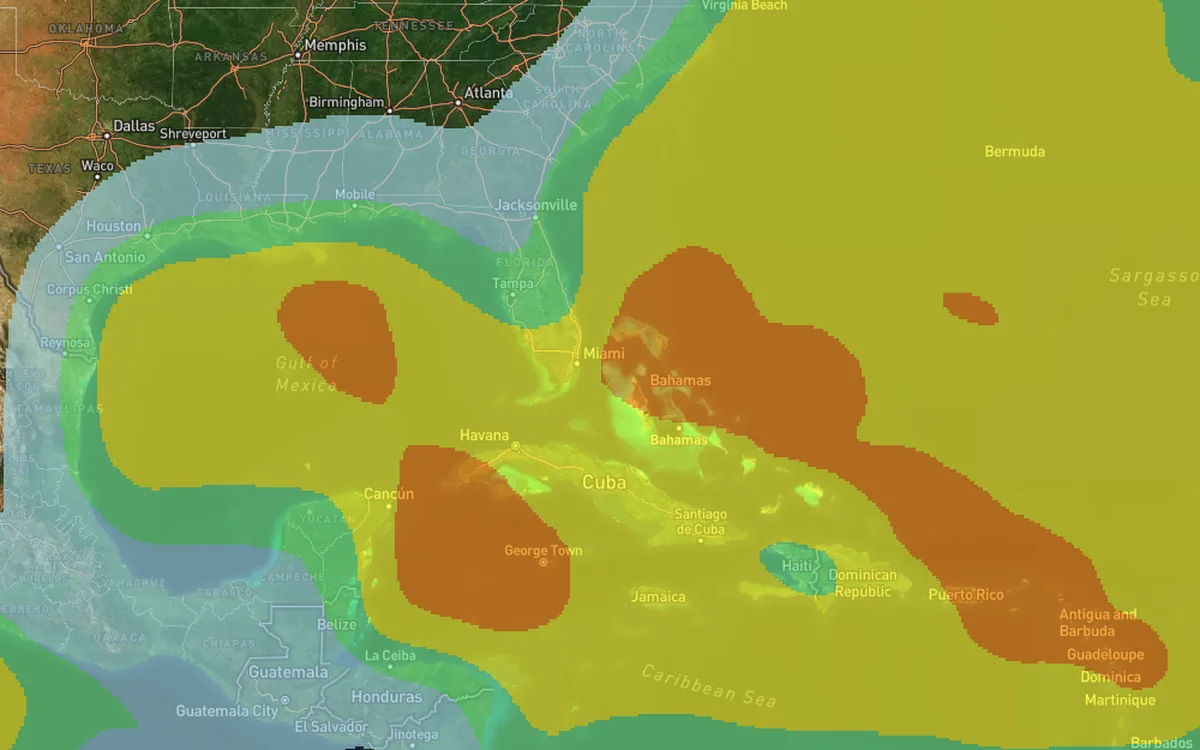 Map of the Gulf of Mexico and Caribbean with cyclone wind speed bands by storm category