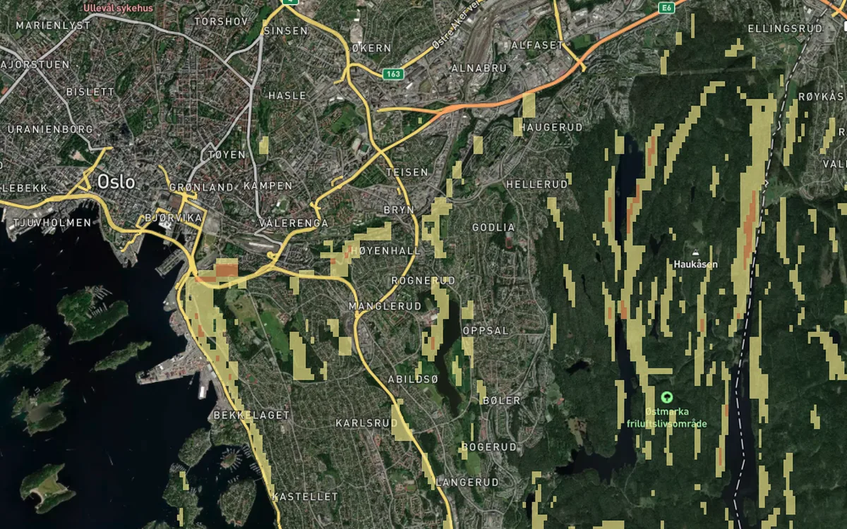 Map of Oslo with landslide susceptibility highlighted along the valley slopes